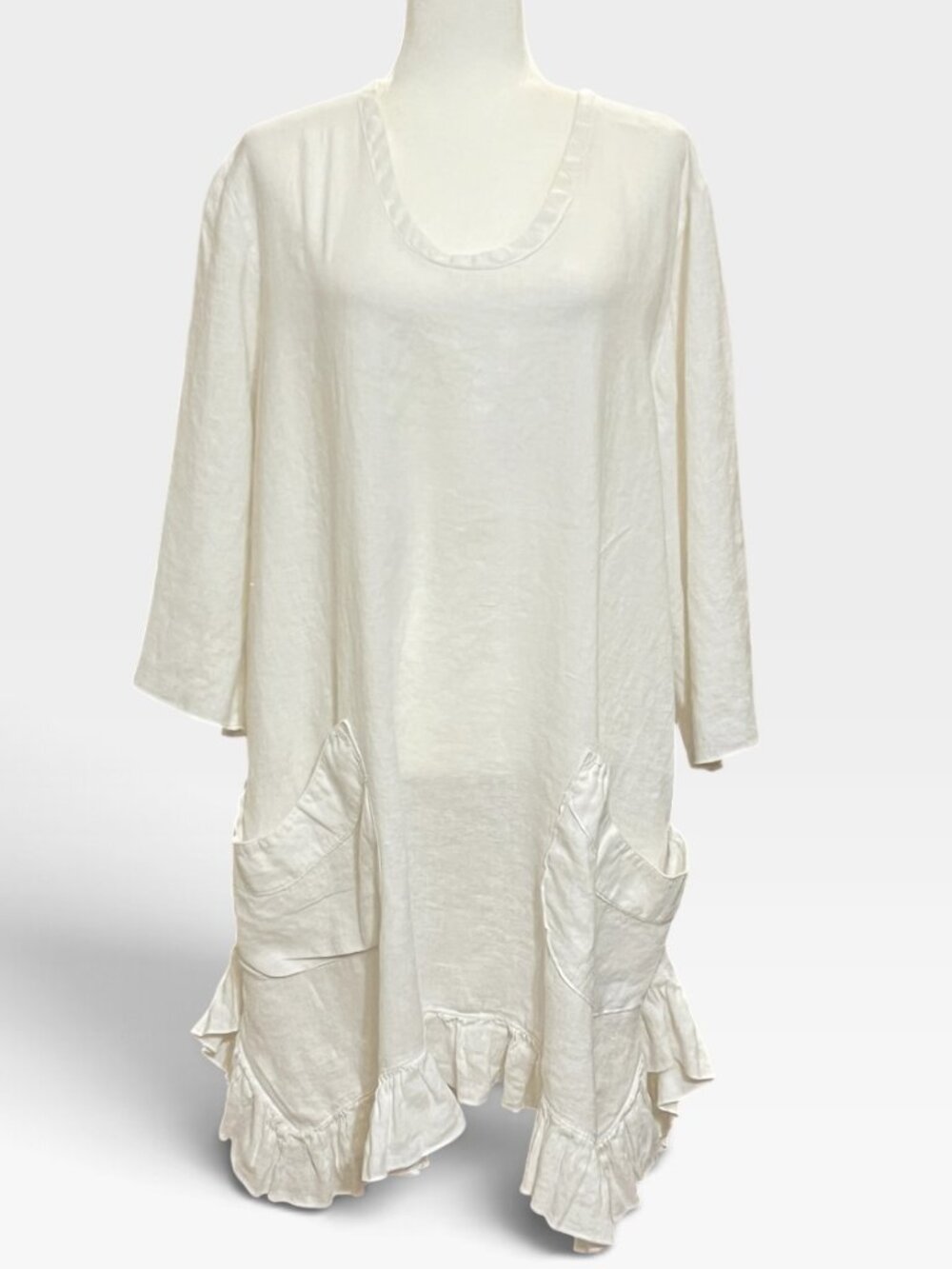 Hearts Desire Mary Grace White Linen Ruffle Dress Coastal Grandma Pockets 2X
